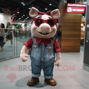 Maroon Sow mascot costume character dressed with a Denim Shorts and Sunglasses