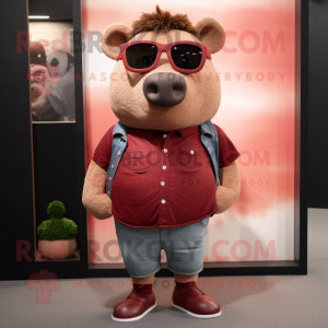 Maroon Sow mascot costume character dressed with a Denim Shorts and Sunglasses