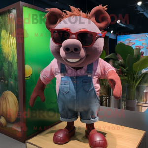 Maroon Sow mascot costume character dressed with a Denim Shorts and Sunglasses
