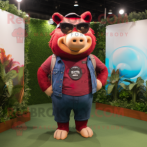 Maroon Sow mascot costume character dressed with a Denim Shorts and Sunglasses