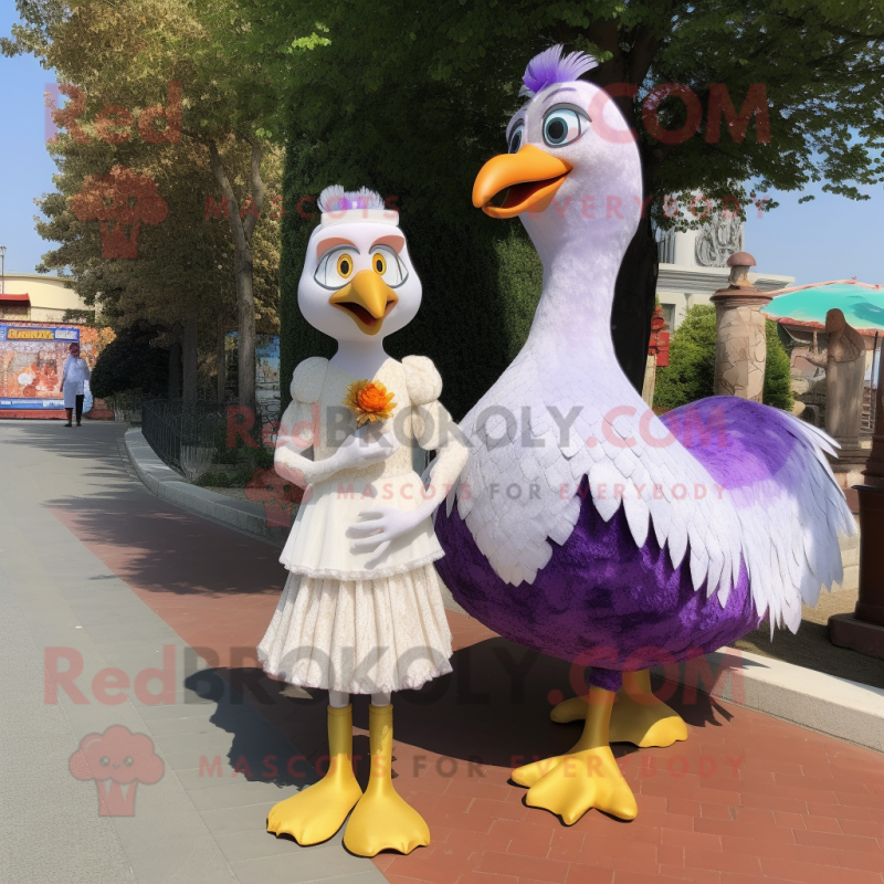 Lavender Turkey mascot costume character dressed with a Wedding Dress and Anklets