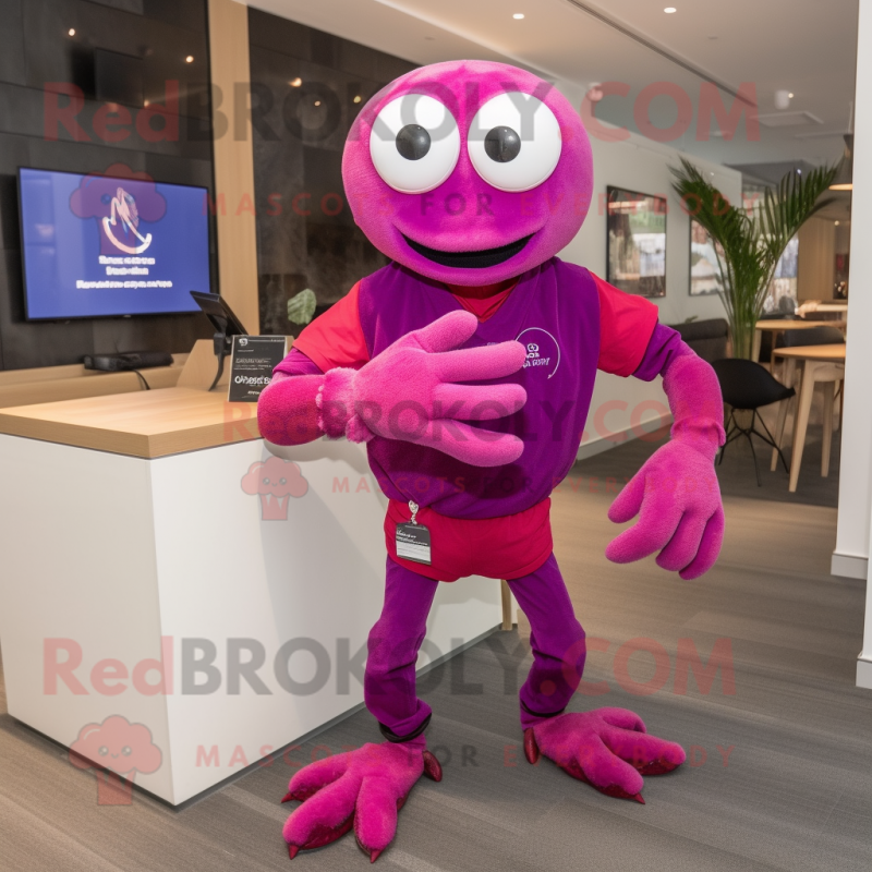 Magenta Crab mascot costume character dressed with a Henley Tee and Bracelet watches Magenta Crab mascot costume character dressed with a Henley Tee and Bracelet watches