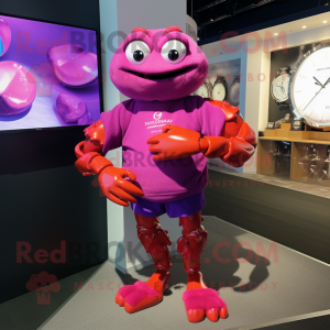 Magenta Crab mascot costume character dressed with a Henley Tee and Bracelet watches