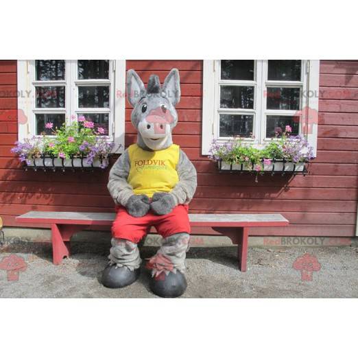 Mascotte asino grigio in abito giallo e rosso - Redbrokoly.com
