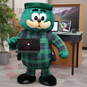 Forest Green Computer mascot costume character dressed with a Flannel Shirt and Briefcases