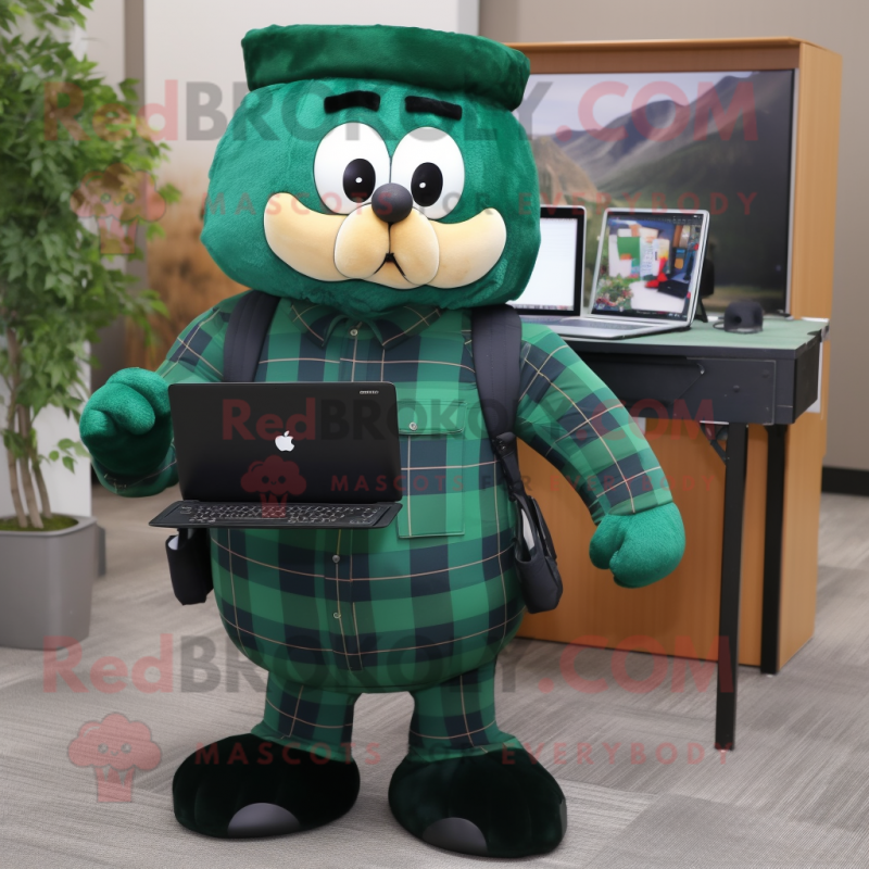 Forest Green Computer mascot costume character dressed with a Flannel Shirt and Briefcases