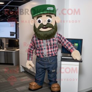 Forest Green Computer mascot costume character dressed with a Flannel Shirt and Briefcases