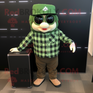Forest Green Computer mascot costume character dressed with a Flannel Shirt and Briefcases
