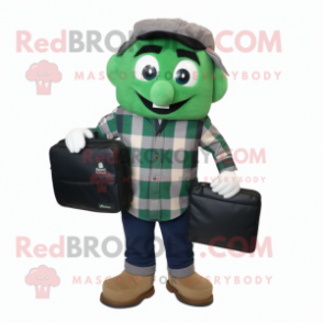 Forest Green Computer mascot costume character dressed with a Flannel Shirt and Briefcases