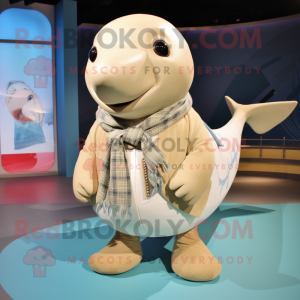 Tan Whale mascot costume character dressed with a Button-Up Shirt and Scarf clips