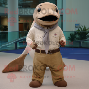 Tan Whale mascot costume character dressed with a Button-Up Shirt and Scarf clips