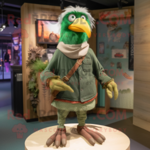 Green Crow mascot costume character dressed with a Corduroy Pants and Bracelets