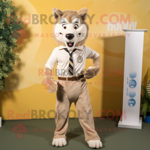 Beige Wolf mascot costume character dressed with a Blouse and Tie pins