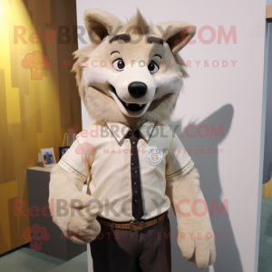 Beige Wolf mascot costume character dressed with a Blouse and Tie pins