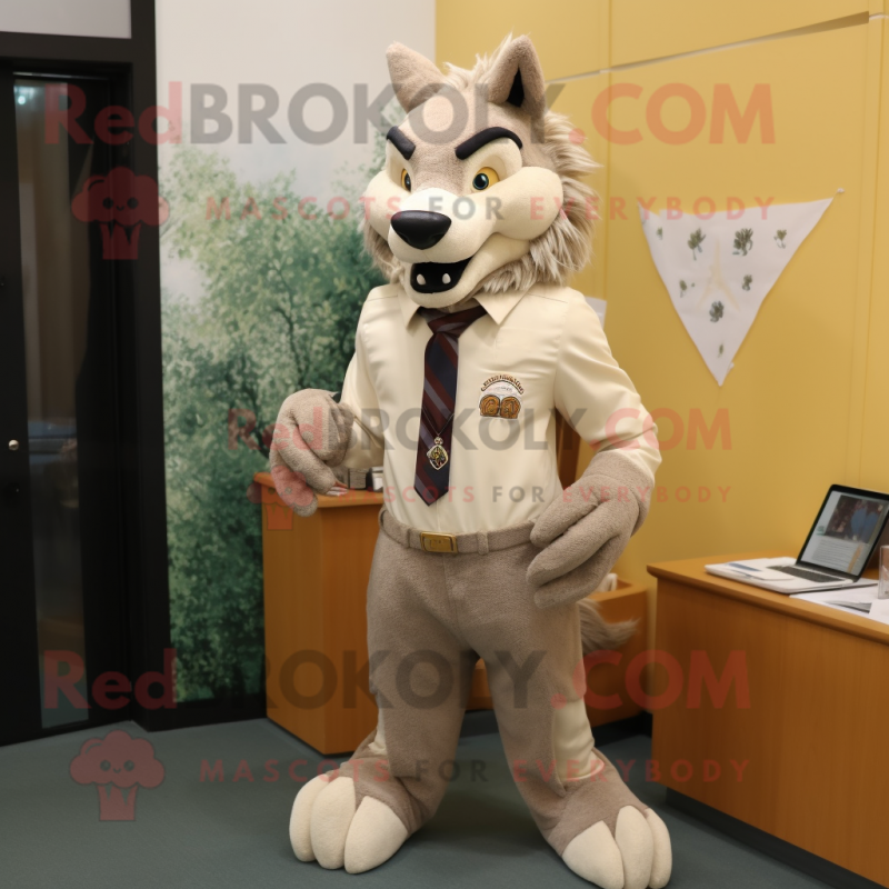 Beige Wolf mascot costume character dressed with a Blouse and Tie pins Beige Wolf mascot costume character dressed with a Blouse and Tie pins