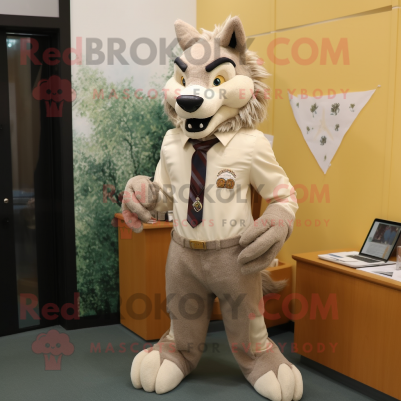 Beige Wolf mascot costume character dressed with a Blouse and Tie pins