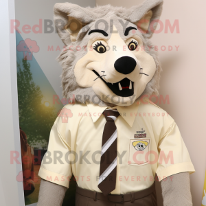 Beige Wolf mascot costume character dressed with a Blouse and Tie pins