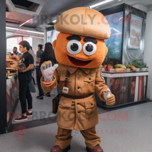 Rust Hamburger mascot costume character dressed with a Chinos and Berets