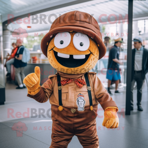 Rust Hamburger mascot costume character dressed with a Chinos and Berets