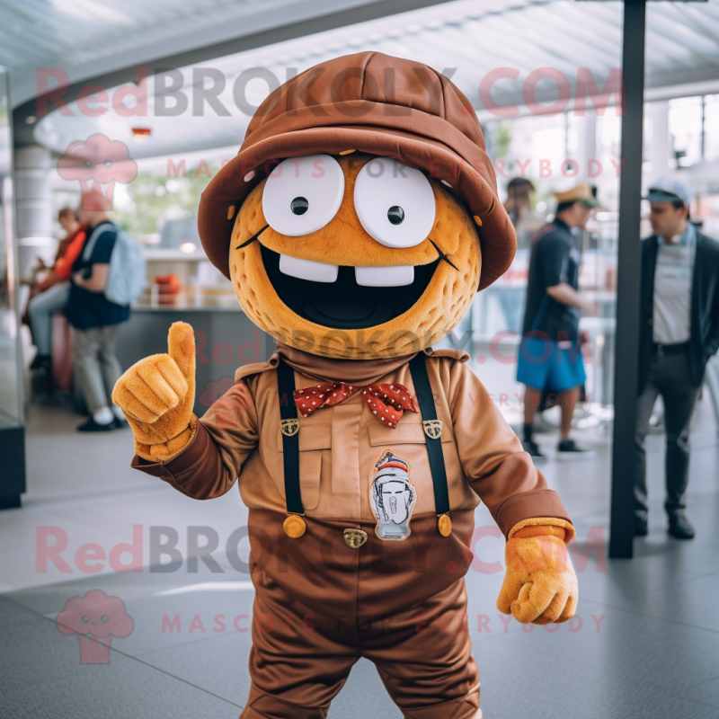 Rust Hamburger mascot costume character dressed with a Chinos and Berets Rust Hamburger mascot costume character dressed with a Chinos and Berets