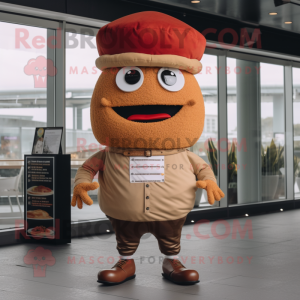 Rust Hamburger mascot costume character dressed with a Chinos and Berets