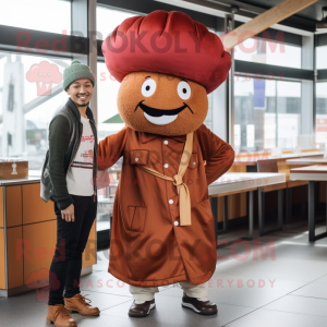 Rust Hamburger mascot costume character dressed with a Chinos and Berets