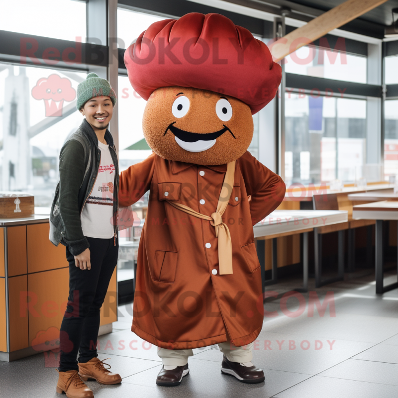 Rust Hamburger mascot costume character dressed with a Chinos and Berets Rust Hamburger mascot costume character dressed with a Chinos and Berets
