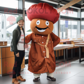 Rust Hamburger mascot costume character dressed with a Chinos and Berets