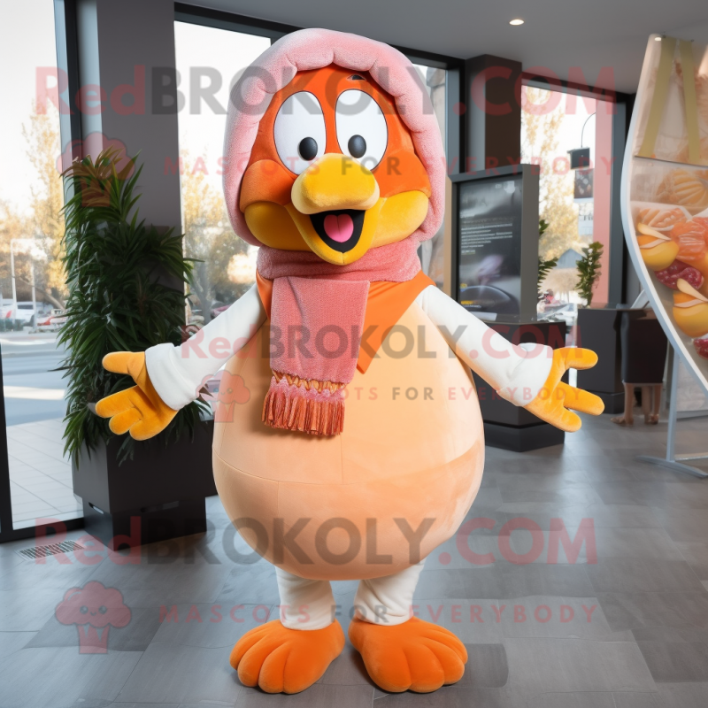 Peach Turkey mascot costume character dressed with a Capri Pants and Scarves