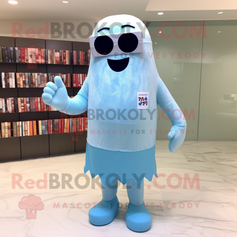 Sky Blue Ghost mascot costume character dressed with a One-Piece Swimsuit and Reading glasses Sky Blue Ghost mascot costume character dressed with a One-Piece Swimsuit and Reading glasses