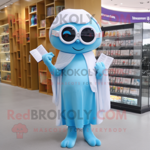 Sky Blue Ghost mascot costume character dressed with a One-Piece Swimsuit and Reading glasses