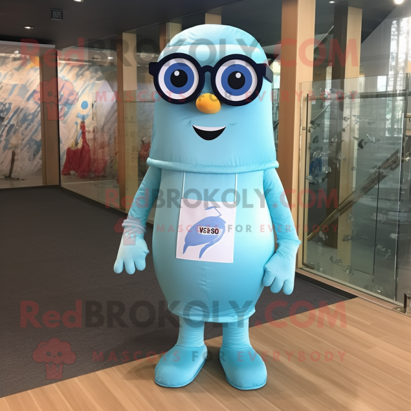 Sky Blue Ghost mascot costume character dressed with a One-Piece Swimsuit and Reading glasses Sky Blue Ghost mascot costume character dressed with a One-Piece Swimsuit and Reading glasses