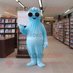 Sky Blue Ghost mascot costume character dressed with a One-Piece Swimsuit and Reading glasses