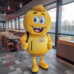 Yellow Burgers mascot costume character dressed with a Sweatshirt and Backpacks