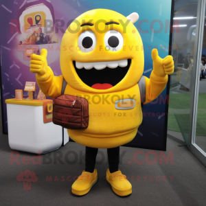 Yellow Burgers mascot costume character dressed with a Sweatshirt and Backpacks