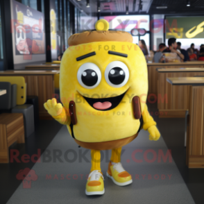 Yellow Burgers mascot costume character dressed with a Sweatshirt and Backpacks