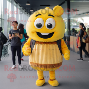 Yellow Burgers mascot costume character dressed with a Sweatshirt and Backpacks