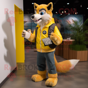 Yellow Wolf mascot costume character dressed with a Boyfriend Jeans and Wallets