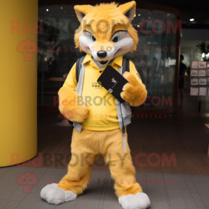 Yellow Wolf mascot costume character dressed with a Boyfriend Jeans and Wallets