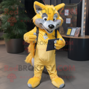 Yellow Wolf mascot costume character dressed with a Boyfriend Jeans and Wallets