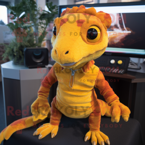 Rust Geckos mascot costume character dressed with a Sweater and Foot pads