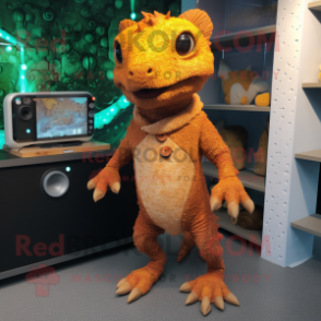 Rust Geckos mascot costume character dressed with a Sweater and Foot pads