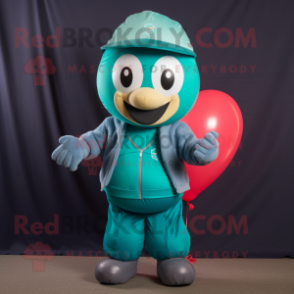 Teal Heart Shaped Balloons mascot costume character dressed with a Bermuda Shorts and Beanies