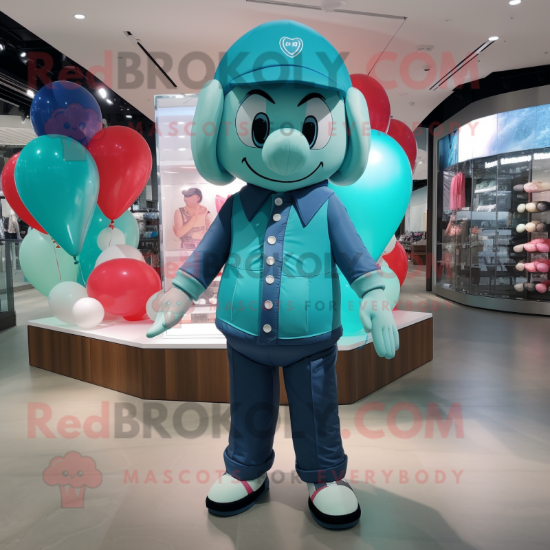 Teal Heart Shaped Balloons mascot costume character dressed with a Bermuda Shorts and Beanies