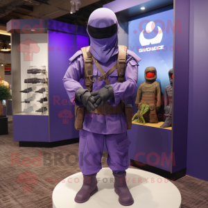 Lavender Gi Joe mascot costume character dressed with a Polo Shirt and Shawls