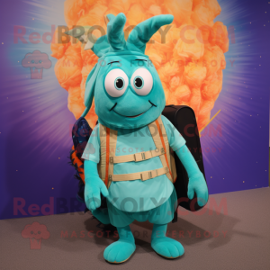 Turquoise Shrimp Scampi mascot costume character dressed with a Wrap Skirt and Backpacks