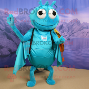 Turquoise Shrimp Scampi mascot costume character dressed with a Wrap Skirt and Backpacks