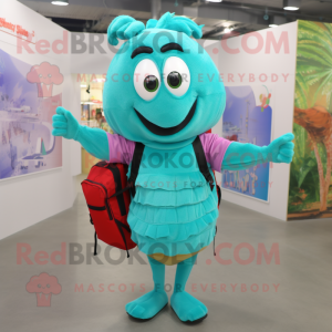 Turquoise Shrimp Scampi mascot costume character dressed with a Wrap Skirt and Backpacks