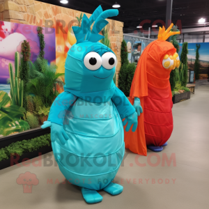 Turquoise Shrimp Scampi mascot costume character dressed with a Wrap Skirt and Backpacks