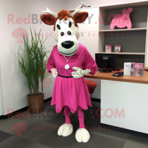 Magenta Jersey Cow mascot costume character dressed with a Sheath Dress and Shoe clips